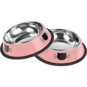 2Pcs Cat Bowls Non-Slip Stainless Steel Small Cat Food Bowls Unbreakable Thicken Cat Feeder 7 Oz Cat Dishes Suitable for Indoor Small Pets Removable Rubber Base Easily Clean Lovely Color (Black)