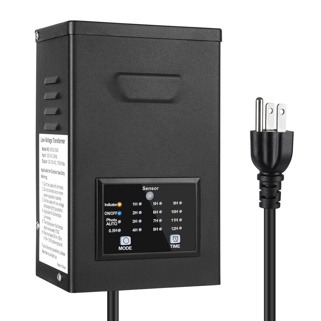 170W Low Voltage Landscape Transformer, Outdoor Lighting Transformer with Timer and photocell Sensor, 120V AC to 12V/15V AC Weatherproof Low Voltage Transformers for Landscape Pathway Lights