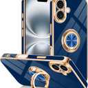 Designed for iPhone 16 Case with Ring Stand Slim Blue | 360 Rotatable Finger Holder, Support Magnetic Car Mount, Soft TPU Electroplated, Full Lens Protection, Shockproof Phone Case
