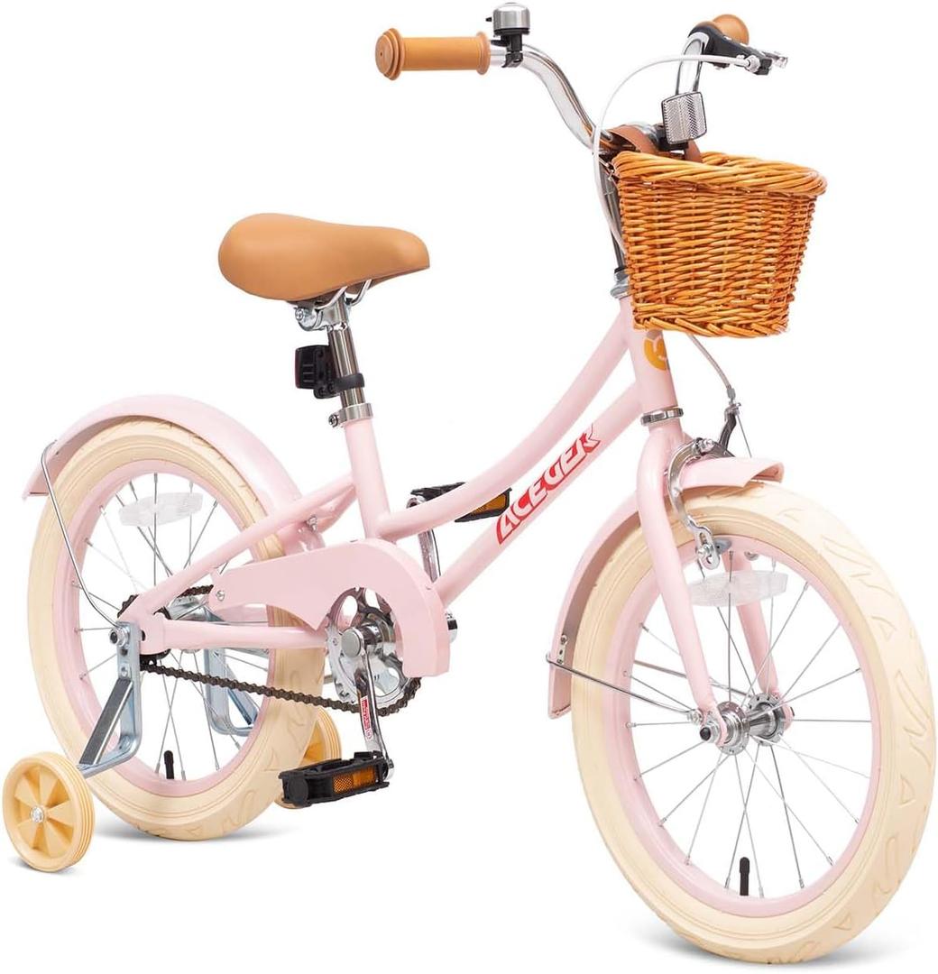 ACEGER Retro Princess Kids Bike with Basket for 3-12 Years Old Girls, Included Coaster Brake & Caliper Brake, 14 16 18 Inch with Training Wheels, 20 Inch with Kickstand, Vintage Bicycle for Gifts (Pink)