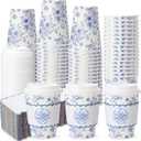 Qinyoung 48 Set Blue Floral Paper Coffee Cups with Lids and Sleeves 12 oz Vintage Flower Disposable Drinking Cups Bulk for Birthday Wedding Bridal Shower Tea Party Supplies