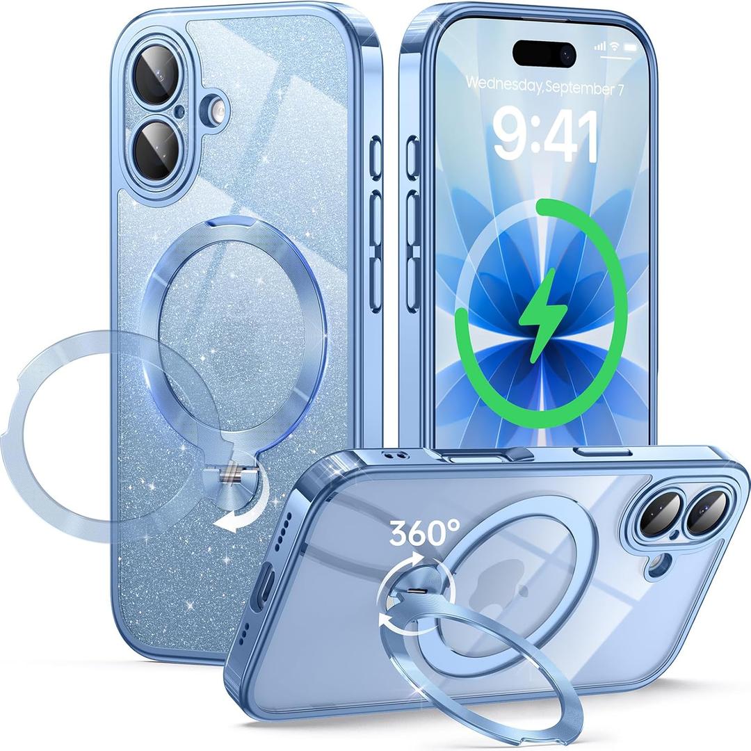 360 Spin CD Stand for iPhone 17 Case Compatible with Magsafe Ring [Never Yellow][DIY Glitter Cardstock] Camera Protection Plating Clear Cute Phone Case for Women Girls 6.3'', Mist Blue