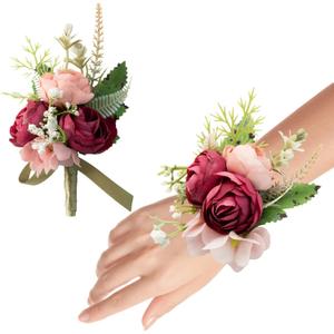 Wrist Corsage Wristlet and Boutonniere Set for Wedding Bridesmaid Mother Grandmother for Bridal Shower Wedding Artificial Roses Flower Prom Set of 2 (Dousha Red)