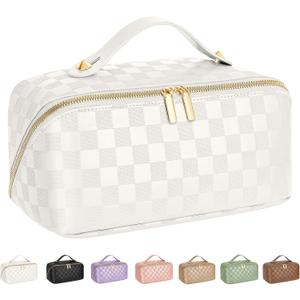 Large Capacity Travel Cosmetic Bag - Portable Makeup Bags for Women Waterproof PU Leather Checkered Makeup Organizer Bag with Dividers and Handle,Toiletry Bag for Cosmetics (Medium, white)