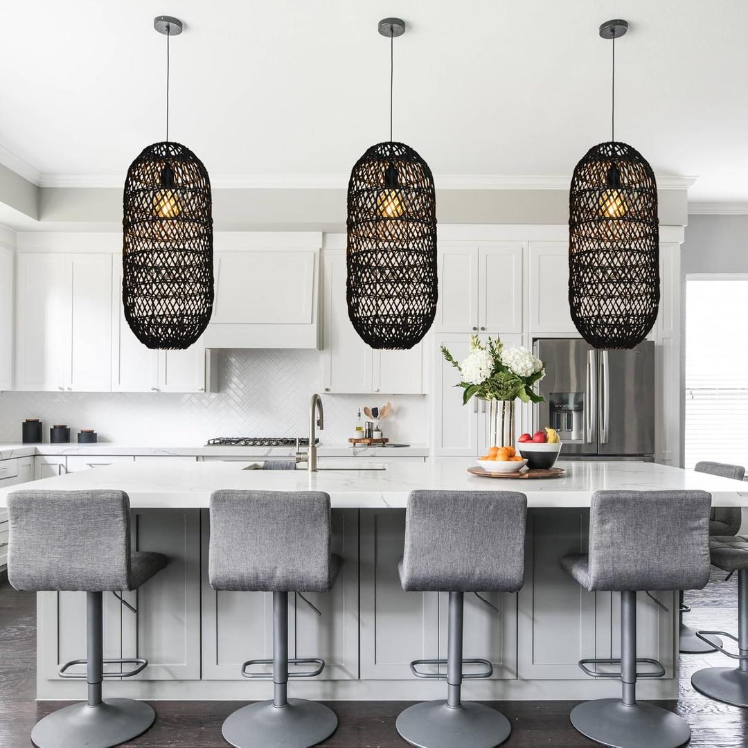 Arturesthome 1 Light Rustic Rattan Basket Pendant Light Fixture, Boho Wicker Chandelier Lamp Black, Coastal Handmade Crafts Lampshade, Farmhouse Hanging Ceiling Lighting for Dining Kitchen (9.8in * 23in)