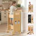 FlyingBoom Toddler Tower 4-in-1 Multifunctional Kitchen Stool Helper with Removable Safety Board, Adjustable Heights, Slide, Highchair, Chalkboard, Montessori Games (Wood)