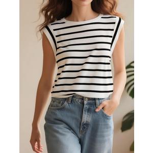 Women's Sleeveless Casual Top Loose Fit Summer Blouse Comfortable Daywear Shirt (XX-Large, White and Black)