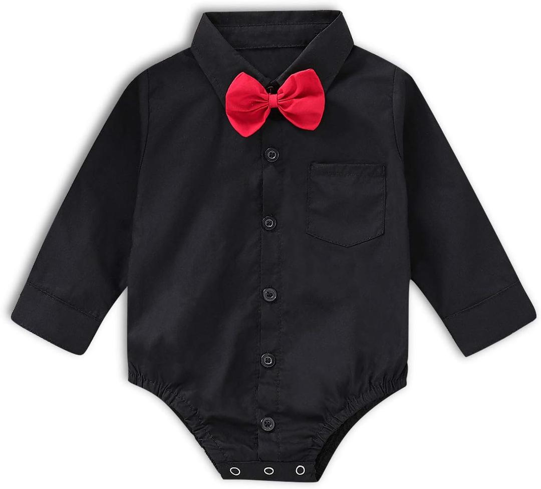 SOBOWO Infant Baby Boy Formal Dress Shirt Bodysuit Long Sleeve Button Up One-Piece Collar Romper Jumpsuit Wedding Party 0-24M (18-24 Months, Black)