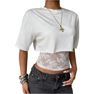 SHENHE Women's Sheer Lace Patchwork Crew Neck Short Sleeve Crop Tops (M)