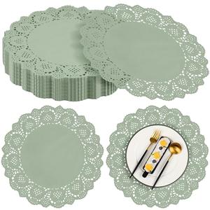 MCEAST Round Sage Green Paper Doilies 13.5 Inches Lace Paper Place Mats Rustic Scallop Doily Disposable Table Pads for Food Cakes Crafts Party Weddings Tableware Decor
