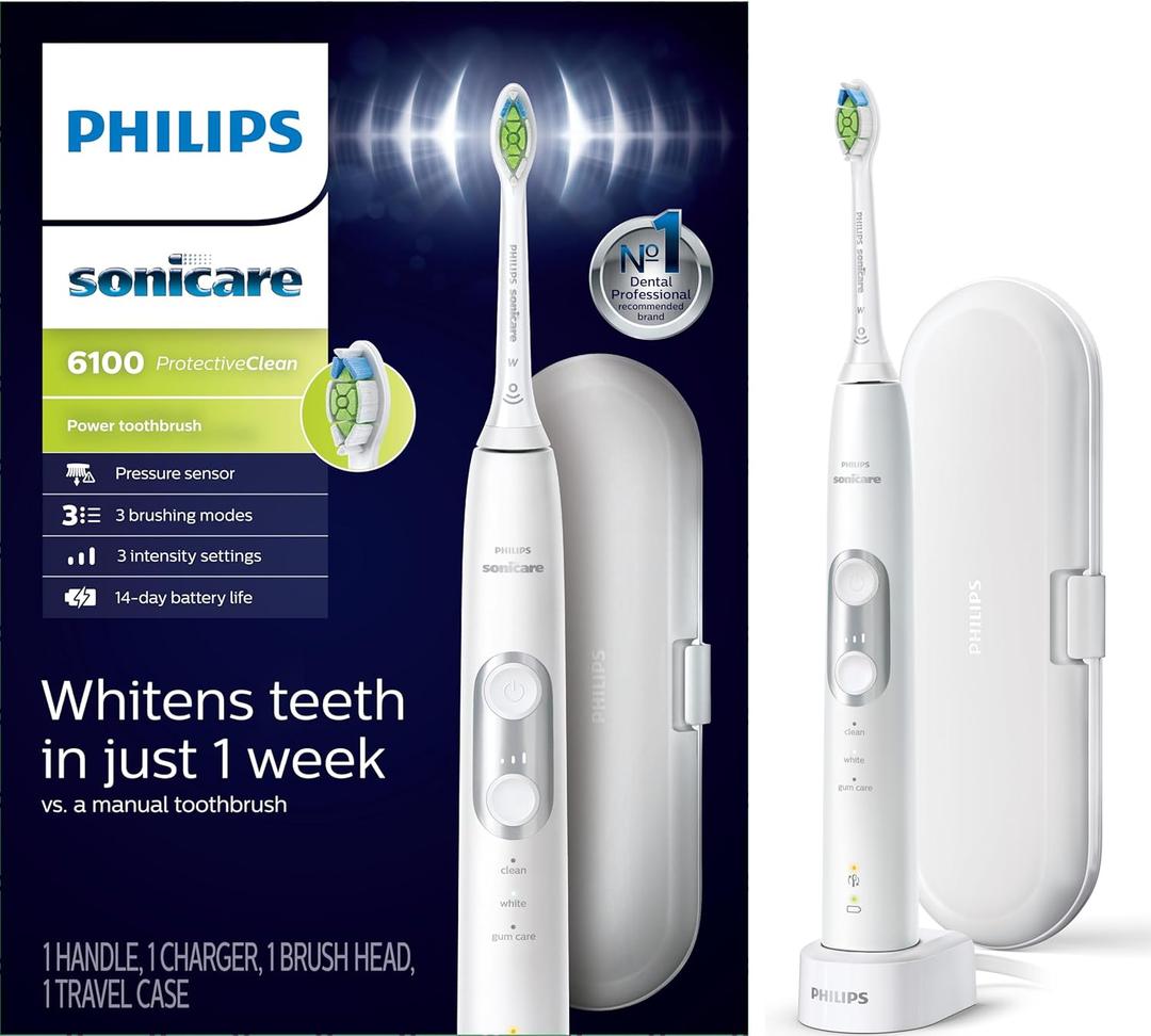 Philips Sonicare ProtectiveClean 6100 Rechargeable Electric Toothbrush, with Pressure Sensor, 3 Cleaning Modes, SmarTimer and QuadPacer, 14Day Battery Life, Travel Case, White, Model HX6877/21