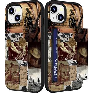 Compatible with iPhone 14/15 Plus Case Cute with Card Holder Slim Slot Phone Wallet Cover for Women/Cowboy Country Wrangler Collage Cow Western Cowgirl Cactus