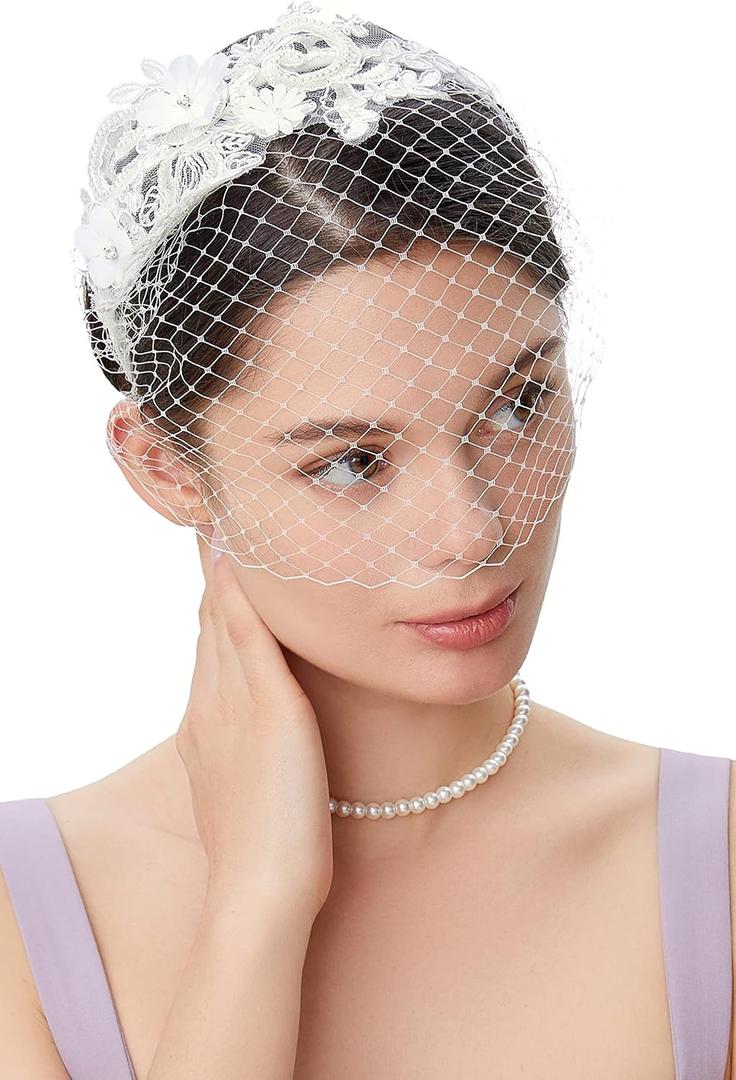 BABEYOND Bridal Wedding Veil Fascinator Mesh Lace Headband Tea Party Flower Fascinator Funeral Hats for Women (One Size, White)