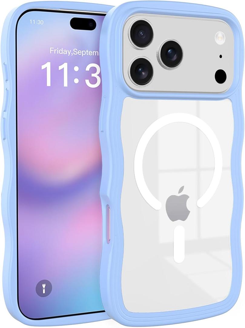 Designed for iPhone 17 ProMax Case with Magnetic Ring, Compatible with MagSafe, Slim Clear Case with Wave Design & Camera Control, Shockproof & Drop Protection, Transparent Phone Cover, Blue