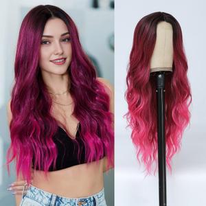 Hot Pink Wigs for Women, Long Ombre Pink Wavy Middle Part Soft Synthetic Fiber Wig for Cosplay Daily Party Use 24 Inch