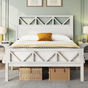 BedsPick Queen Bed Frame, Solid Wood Platform Bed Frame with Headboard and Footboard, Heavy-Duty Mattress Foundation/Wood Slats/Easy Assembly/No Box Spring Needed/Noise Free, White and Light Pink