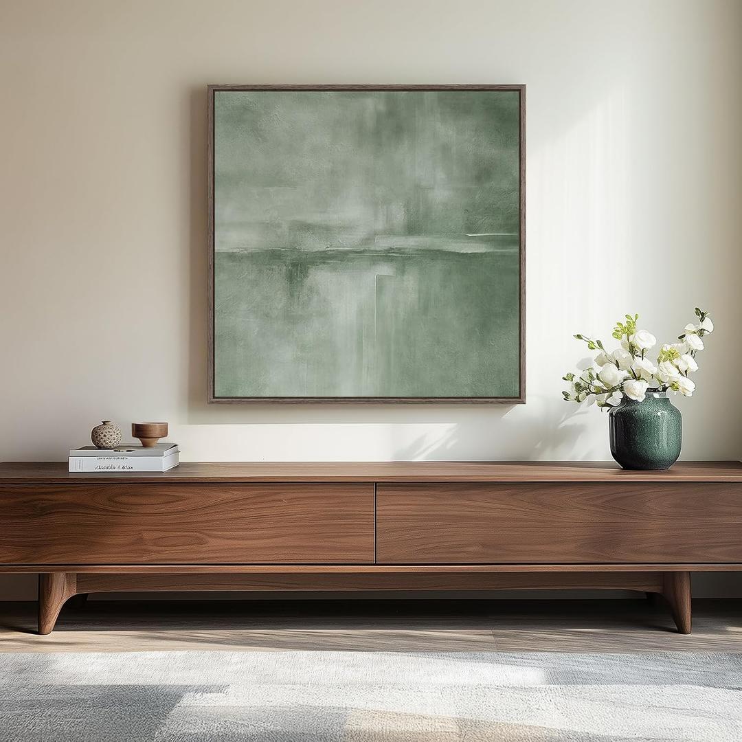 Framed Sage Green Abstract Wall Art, Modern Canvas Prints Artwork for Walls, Square Minimalist All Green Abstract Pictures for Living Room, Hallway, Fireplace, Bedroom, Home Office Wall Decor 30x30 In