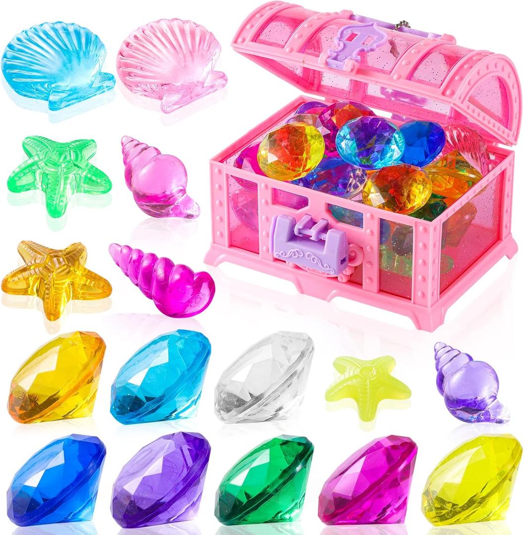 28 Pcs Colorful Diving Gem Pool Toys Set with Treasure Pirate Box Swimming Gem Pirate Diving Toys Underwater Toy for Pool Use Treasures Sets (Multicolor 30-40mm)