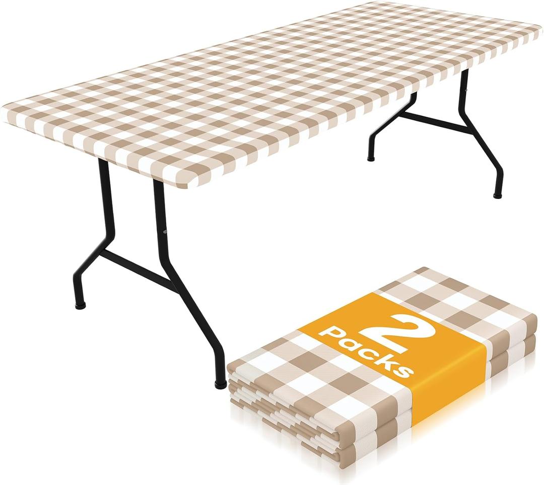 Smiry Picnic Table Cloth 2 Pack, Waterproof Elastic Fitted Tablecloths for 6FT Rectangle Tables, Washable Polyester Buffalo Plaid Tablecloth for Camping, Dining & Outdoor (Khaki & White, 30" x 72")