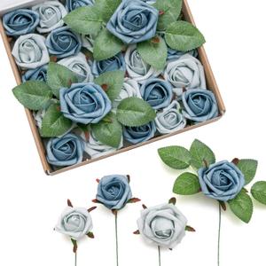 Ling's moment Artificial Rose Buds and Petite Roses w/Stem Pack of 25 for DIY Wedding Bouquets Centerpieces Decorations Boutonniere Corsages (Dusty Blue Shades)