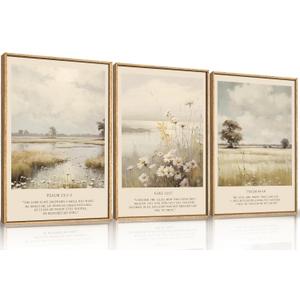 HPINUB Christian Bible Verse Framed Canvas Wall Art Set,Modern Scripture Floral Wall Decor,Vintage Jesus Religious Natural Wildflower Art Print for Living Room,Bedroom,Farmhouse,Prayer Room-16"x24"x3