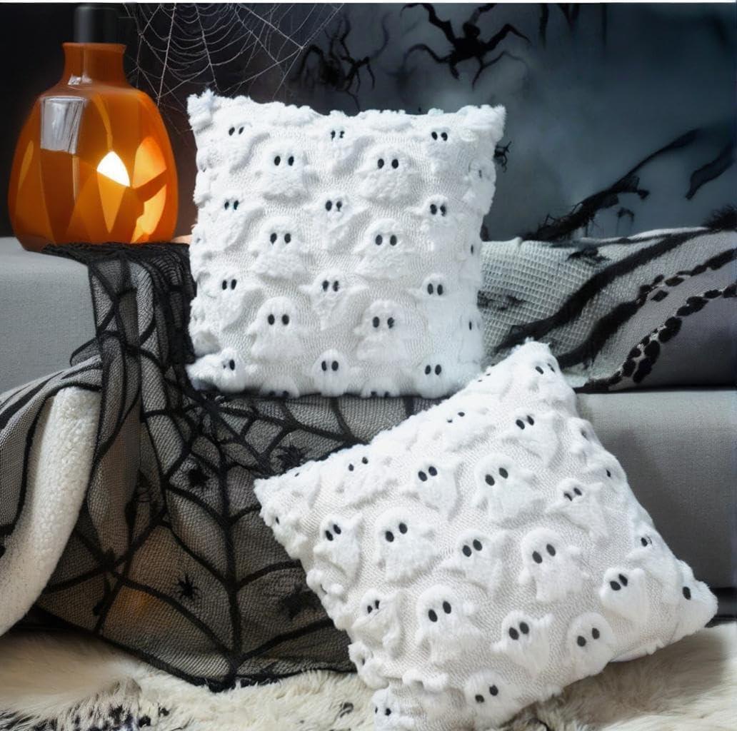 2 x 2 Set Halloween Pillow Covers, Throw Pillow Cases Soft Plush Faux Fur Wool Couch Cushion Case for Chair Sofa Bedroom Living Room Home Decor (White Ghost, 18 * 18INCH)