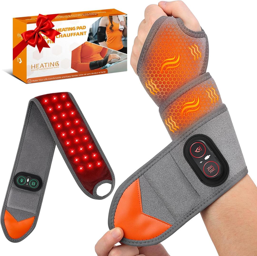 Cordless Wrist Heating Pad with Massage & Red Light, HSA Eligible FSA, Rechargeable Heated Wrist Brace Wrap for Carpal Tunnel, Arthritis, Wrist Massager for Pain Relief (Grey)