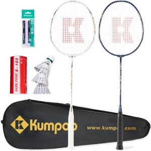 Badminton Racket Set of 2 Carbon Shaft Rackets, 3 Shuttlecocks, 2 Overgrips and 1 Racket Bag | Badminton Rackets and Birdies Complete Sets for 2 Players Backyards Games Beginners Adults