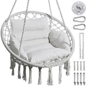 Greenstell Hammock Chair, Macrame Swing Chair with Comfy Cushion, Boho Hanging Chair for Outdoor & Indoor, Perfect for Bedroom, Patio, Balcony, Hold up to 330Lbs, Grey (Standard Size (24.0 x 27.6 x 48.0 inch))