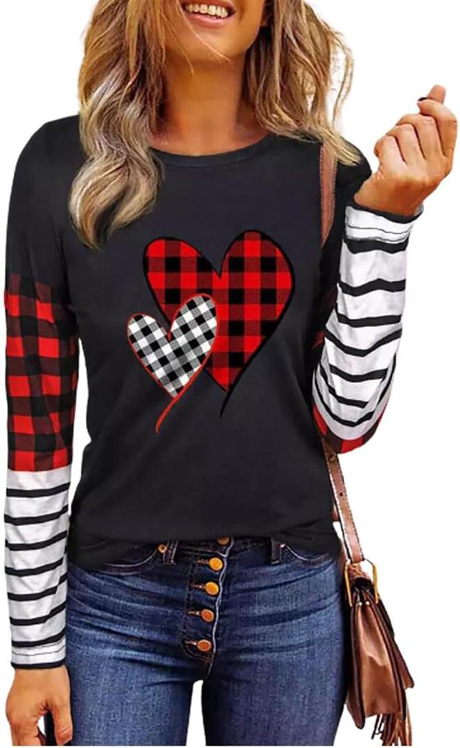 MHTOR Valentines Shirts Women Buffalo Plaid Love Heart Graphic Tees Letter Print Long Sleeve Tops Shirts Valentines Gift (Black, L)