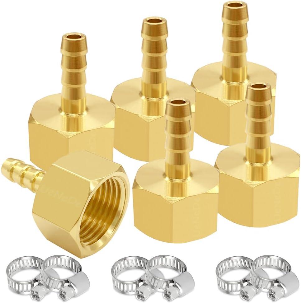 6PCS Brass Hose Barb Fittings 1/2" NPT Female to 5/16" Barb Adapter Connector Include 6 Stainless Steel Clamps for Water/Oil/Gas