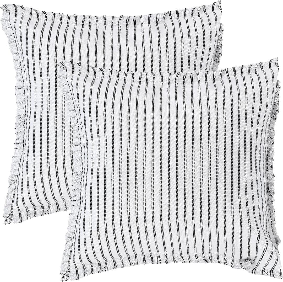 2 Pcs Classical Striped Throw Pillow Cover with Tassels Fringe Boho Decoration Cushion Cases for Home 16 x 16 Inch Black