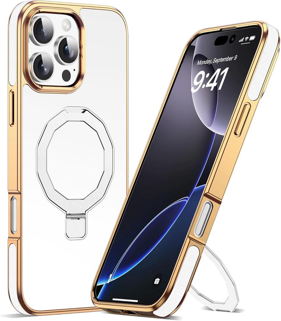RIASOLIN Compatible with iPhone 16 Pro Case with Invisible Magnetic Stand, Compatible with Mag-Safe Luxury Phone Case for iPhone 16 Pro [Plating Gold Edge & Leather Inlay], White