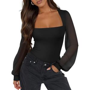 PINKMSTYLE Women's Square Neck Double Lined Mesh Long Sleeve Bodysuits Slim fit Trendy Going Out Tops Shirts (X-Large, Black)