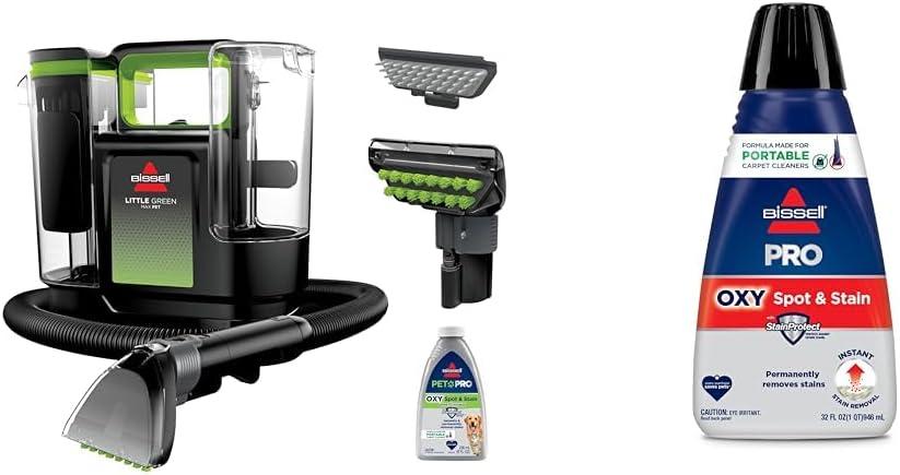 BISSELL Little Green Max Pet Portable Carpet and Upholstery Deep Cleaner + Bissell Professional Spot and Stain + Oxy Portable Machine Formula, 32 oz, Single, 32 Fl Oz