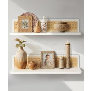 Rattan Wall Shelf 24inch Set of 2, Handmade White Floating Shelves Boho Wall Decor, Rustic Wood Wall Mounted Storage Shelves for Living Room Nursery Bedroom