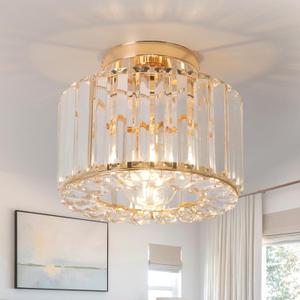 Gold Ceiling Lamp, Semi Flush Mount, Small Crystal, Entryway Chandelier for Dining Room, Bedroom, Kitchen