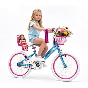 WinHope Girls Bike with Doll Seat, 20 Inch Kids Bike| Dual Brake with Training Wheels / Kickstand & Streamers Birthday Gift for Toddler Outdoor Riding,