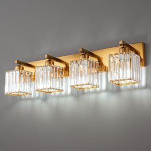 Modern Vanity Light 4-Lights Modern Gold Brushed Brass Finish Crystal Wall Light Bathroom Vanity Light Fixtures, Light Size】28.34 inches long and 7.48 inches high