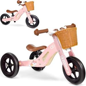 KRIDDO 2 in 1 Wooden Kids Tricycle and Balance Bike for 1-4 Years Old, No-Pedal Tricycle and Toddler Balance Bike with Basket and Adjustable Seat, Ideal for Outdoor and Indoor, Pink