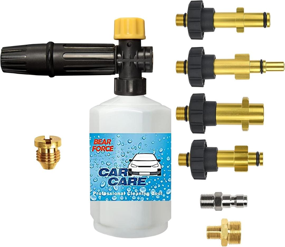 Electric Pressure Washer DIY Foam Cannon with 1/4 Quick Connector & Other 5 Adapters, Power Washer Adjustable Snow Foam Lance 0.6L Bottle, Jet Car Wash Soap Foam Nozzle, 500~2200PSI, 1.0~2.2GPM
