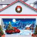 Christmas Garage Door Cover Decorations 7x16 Ft Winter Forest Xmas Trees Truck Snowman Village Night Backdrop Banner Large Holiday Party Background Murals Decor