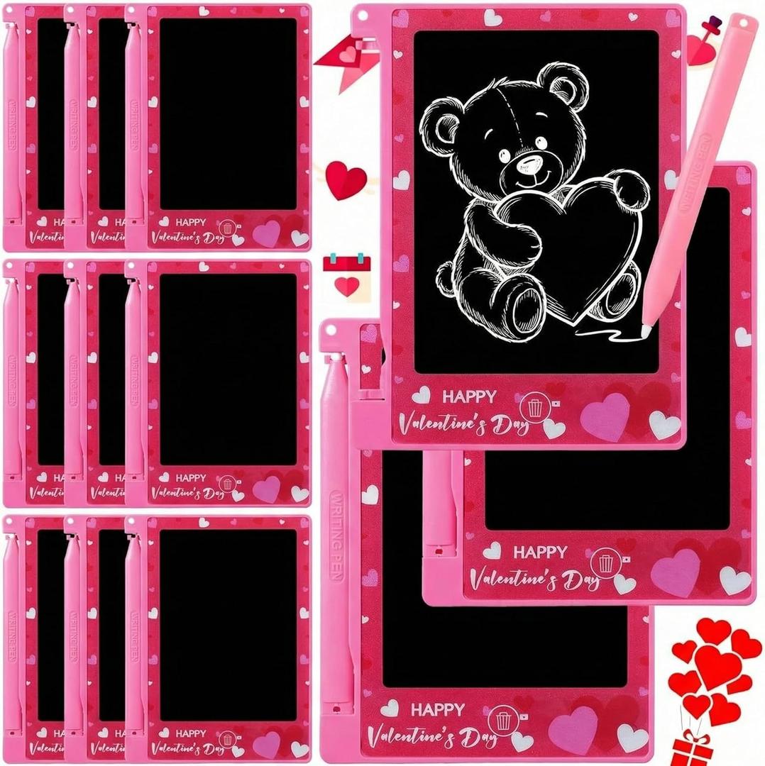 Nezyo 12 Pack Valentines Day Gifts for Kids Classroom Mini LCD Writing Tablet 4.4 Inch Colorful Drawing Tablet Valentines Exchange Party Gift Favors Supplies Classroom Goodie Bag Stuffers Boy Girl (Pink)
