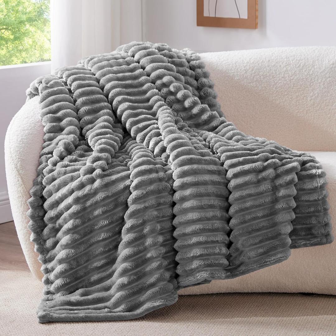 BEDELITE Fleece Throw Blanket for Couch - 300GSM Soft & Warm Fluffy Grey Blanket, Decorative and Giftable Striped Blankets for Women, Men, 50"x60" (Throw(50"x60"), Grey)