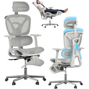 Ergonomic Mesh Office Chair with Foot Rest, Big and Tall Computer Chair with 3D Adjustable Headrest and 4D Armrest, 350 LBS Capacity Reclining Wide Home Office Desk Chairs (Grey)