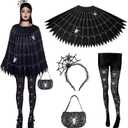 4 PCS Halloween Costume Set for Women Adult Spider Web Costume Spider Poncho, Candy bag Headband and Nylon Striped Tights