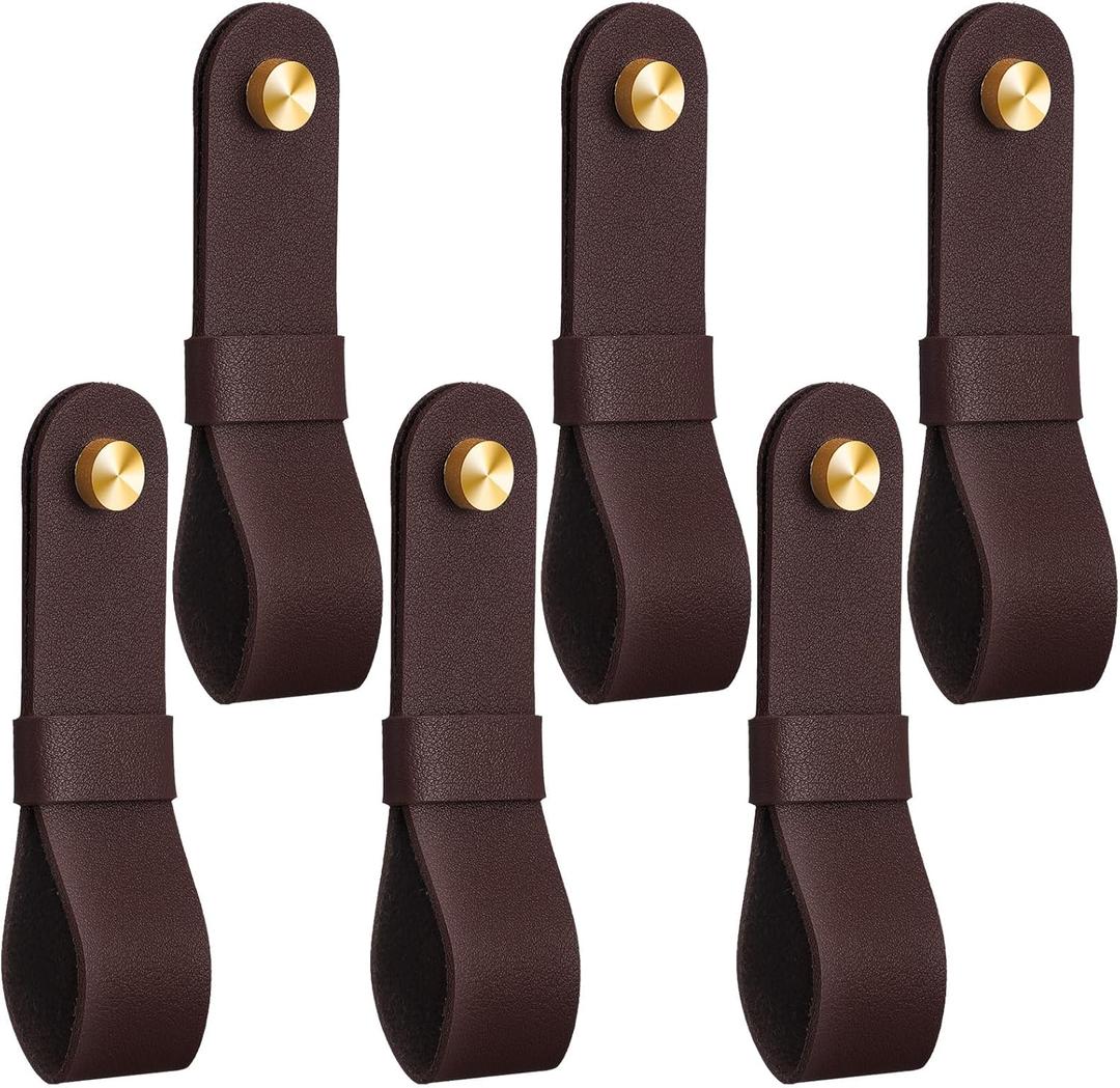 CroBlissful 6 Pcs Leather Curtain Rod Holders PU Leather Curtain Rod Bracket Mounted Loop Straps with Screws and Plastic Wall Plugs, Boho Pole Hanger Hook for Towel Oar Home Wall Display (Dark Brown)