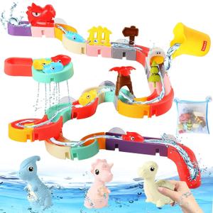 72 PCs Dinosaur Bath Toys for Kids Ages 4-8, Bathtub Water Slide Toys for Toddlers, DIY Building Set with Rubber Dino Bath Toys for Birthday Gifts