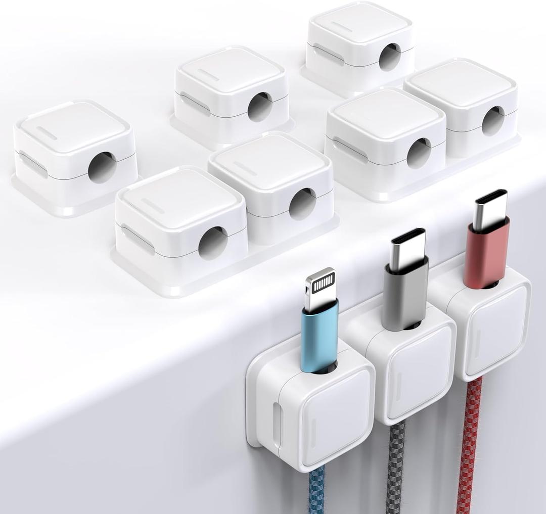 Magnetic Cable Clips, 6 Pack 10-Slot Cord Organizer, Strong Phone Charging Cable Holder Clips, Wire Charger Keeper for Desk, Nightstand, Kitchen Appliances, Office Supplies (White)