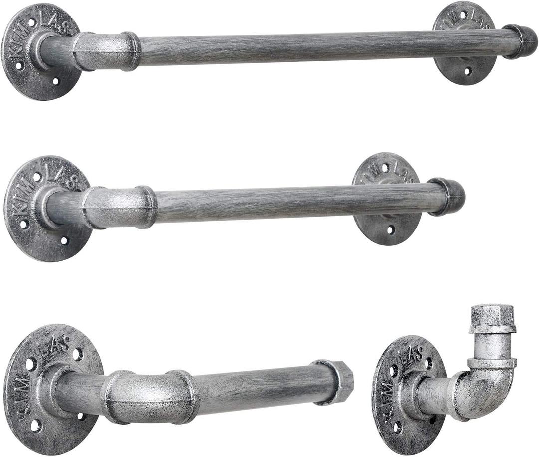 HouseAid 4-Pieces Industrial Pipe Towel Holder Set, Rustic Steel Towel Rack Kit, Farmhouse Vintage Style Towel Bar Accessories for Bathroom, Wall Mounted, Antique Silver